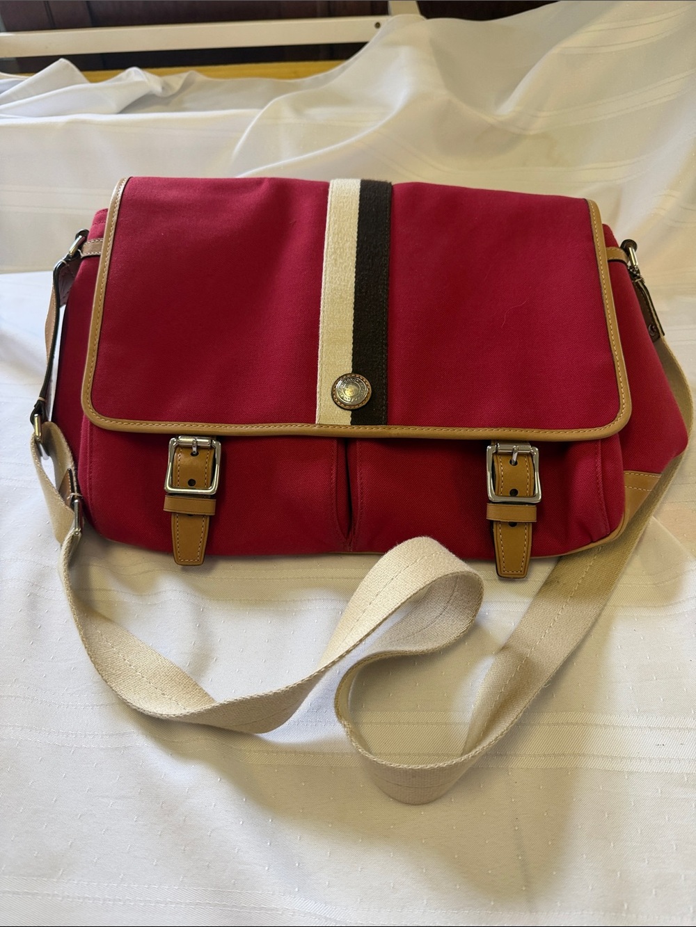 Coach Red Canvas Messenger Bag with Tan Trim